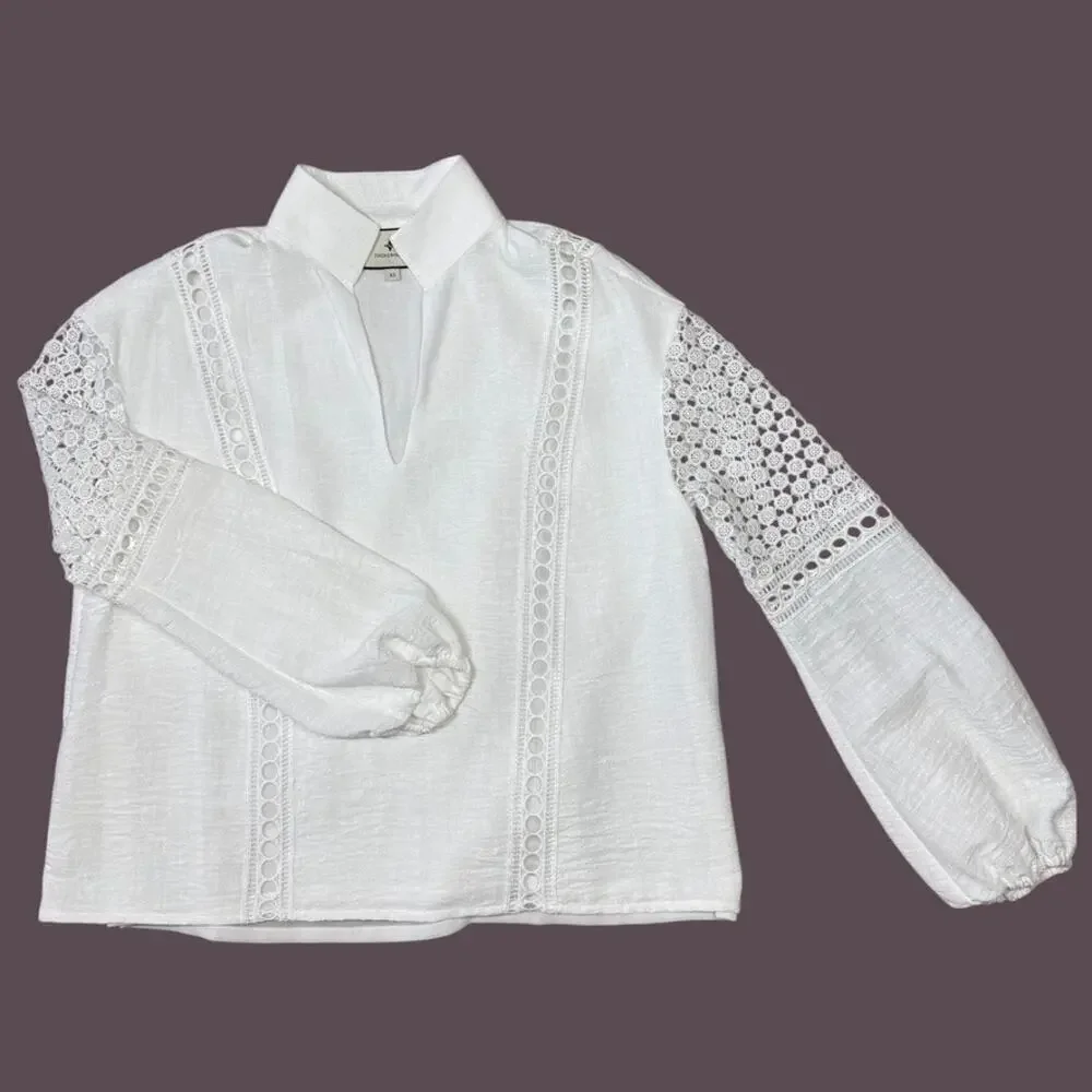 Tuckernuck White Eyelet Lace Cutout Puff Sleeve Jane Blouse Size XS